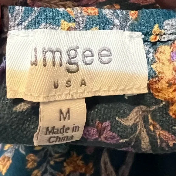 Umgee Womens Size Medium Floral Blouse Teal Yellow Ruffle Tiered Sleeve Boho - Picture 4 of 14